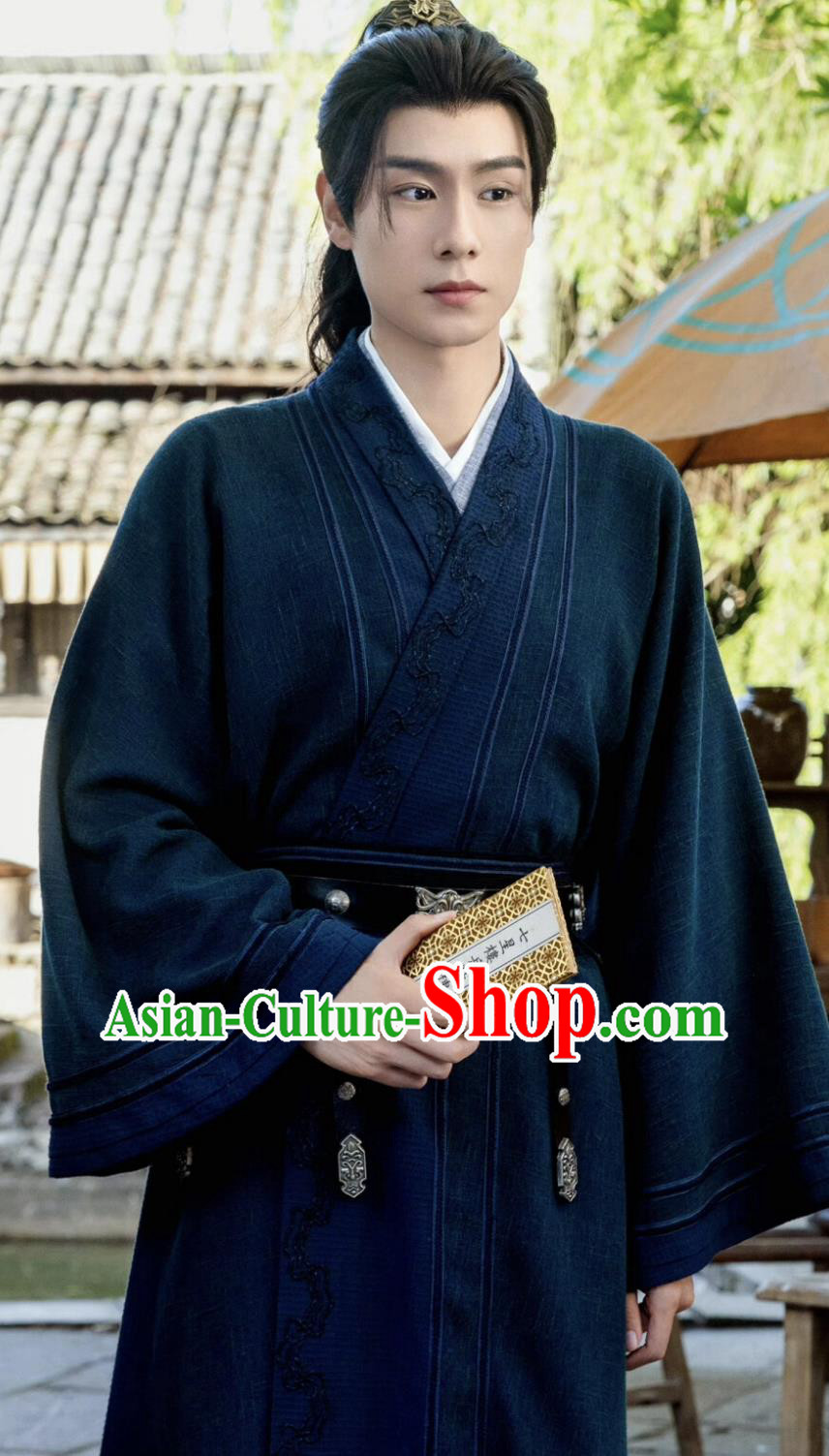Traditional Male Hanfu Chinese TV Series Blossoms in Adversity Prince Gu Yan Xi Costume Ancient China Hero Dark Blue Clothing
