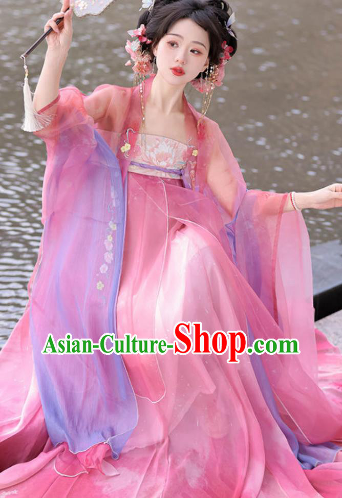 Chinese Tang Dynasty Young Lady Dress Ancient China Princess Clothing Traditional Pink Hanfu