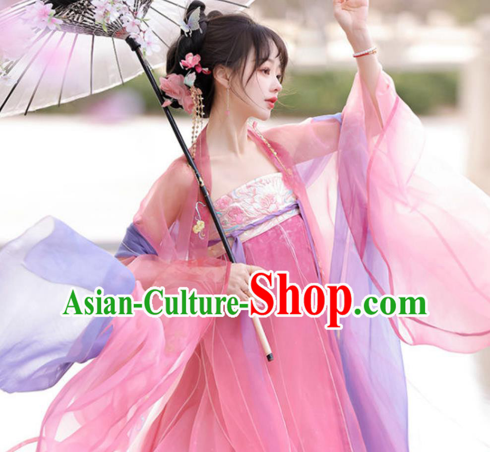 Chinese Tang Dynasty Young Lady Dress Ancient China Princess Clothing Traditional Pink Hanfu