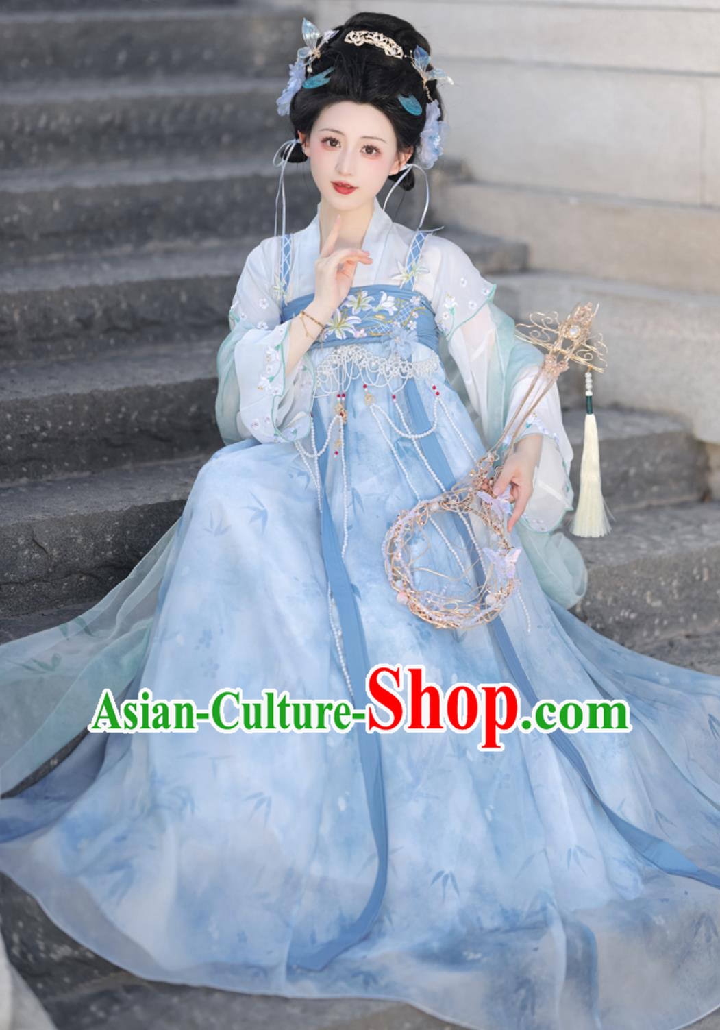 Traditional Hanfu Clothing Chinese Tang Dynasty Young Lady Blue Dress Ancient China Female Costume
