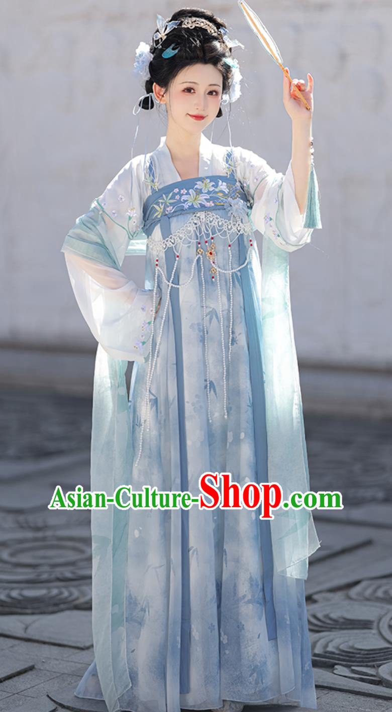 Traditional Hanfu Clothing Chinese Tang Dynasty Young Lady Blue Dress Ancient China Female Costume