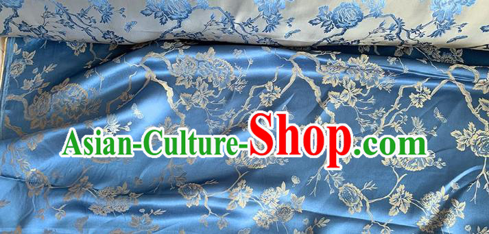 Blue China Traditional Cheongsam Fabric Mulberry Silk Cloth Chinese Classical Peony Pattern Jacquard Material