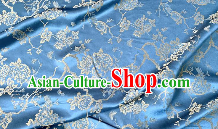 Blue China Traditional Cheongsam Fabric Mulberry Silk Cloth Chinese Classical Peony Pattern Jacquard Material