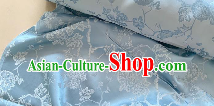Blue Chinese Classical Peony Pattern Jacquard Material China Traditional Cheongsam Fabric Mulberry Silk Cloth