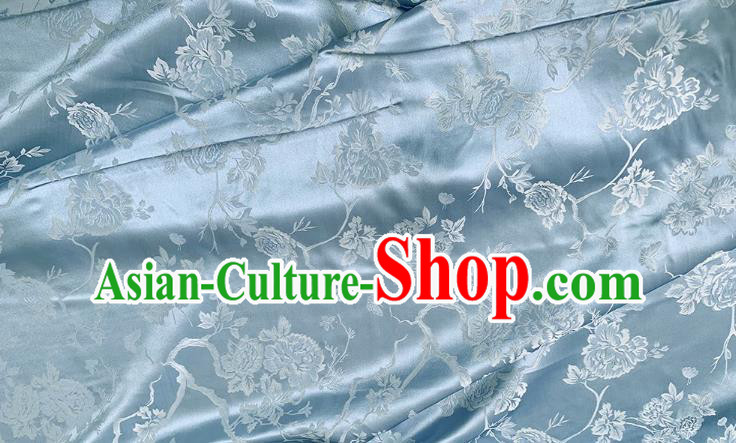 Blue Chinese Classical Peony Pattern Jacquard Material China Traditional Cheongsam Fabric Mulberry Silk Cloth