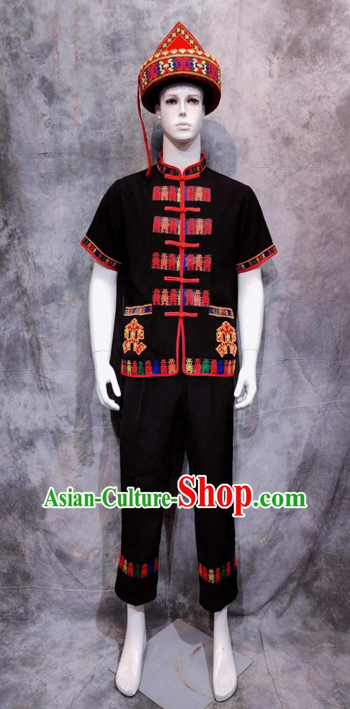 Chinese Hainan Dance Performance Costume China Li Ethnic Male Clothing National Minority Shirt and Pants Complete Set