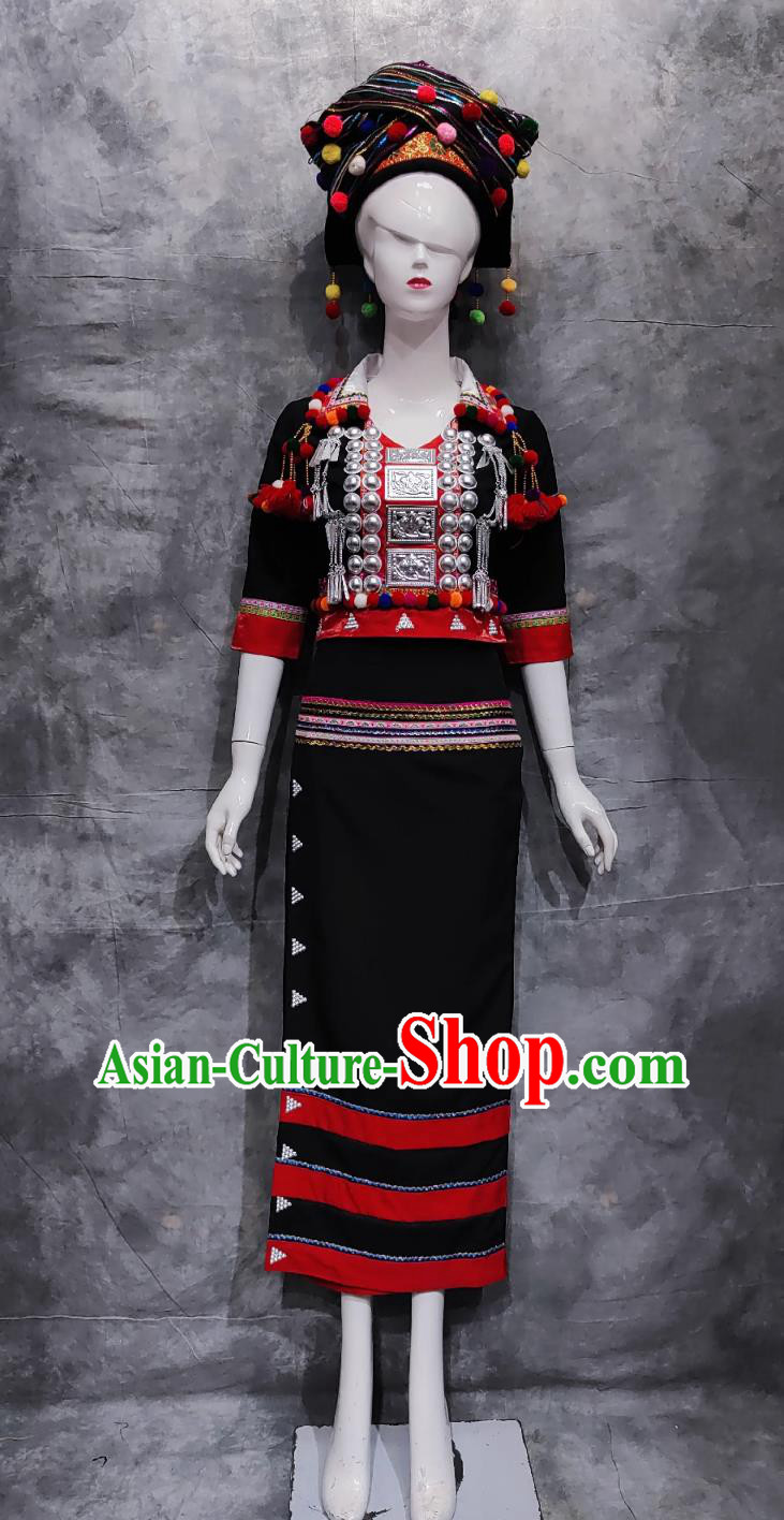 China Deang Ethnic Clothing Chinese Yunnan National Minority Blouse and Skirt De Ang Woman Dance Performance Costume Complete Set