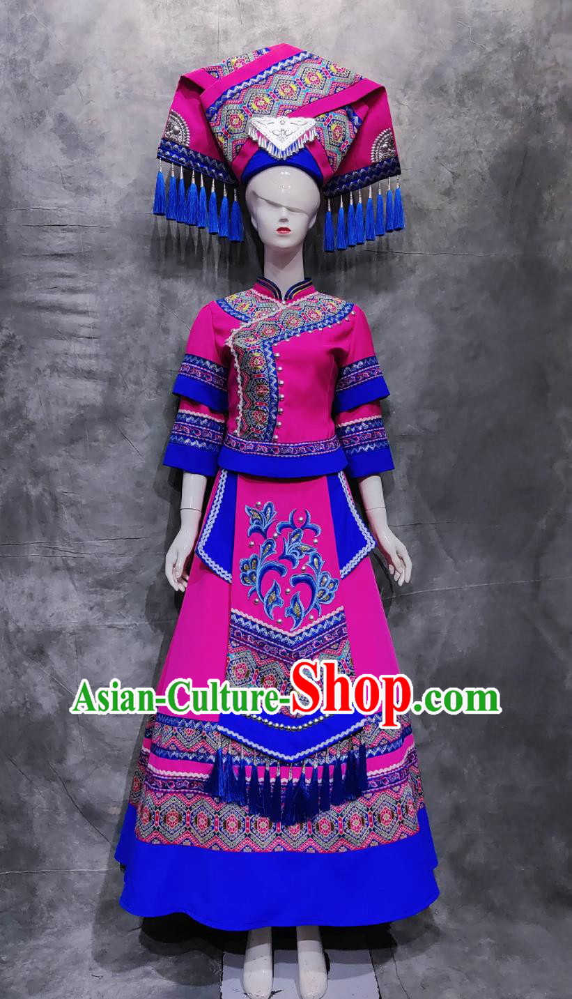 Chinese Guangxi March 3rd Woman Solo Costume Zhuang Ethnic Festival Clothing China National Minority Rosy Dress