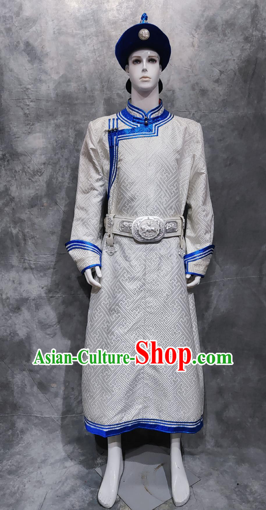 China Traditional White Mongolian Robe Mongol Ethnic Folk Dance Clothing Chinese National Minority Male Outfit