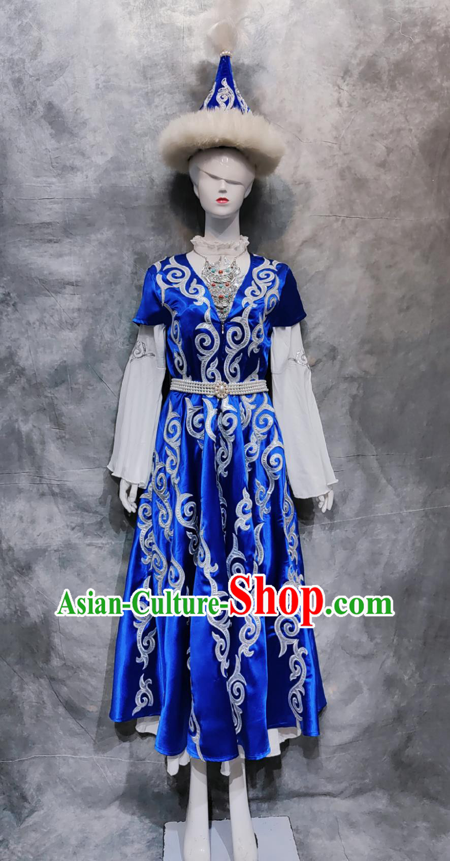 China Xinjiang Kyrgyz Folk Dance Costume Chinese Ethnic Woman Festival Clothing Kirgiz National Minority Stage Performance Blue Dress