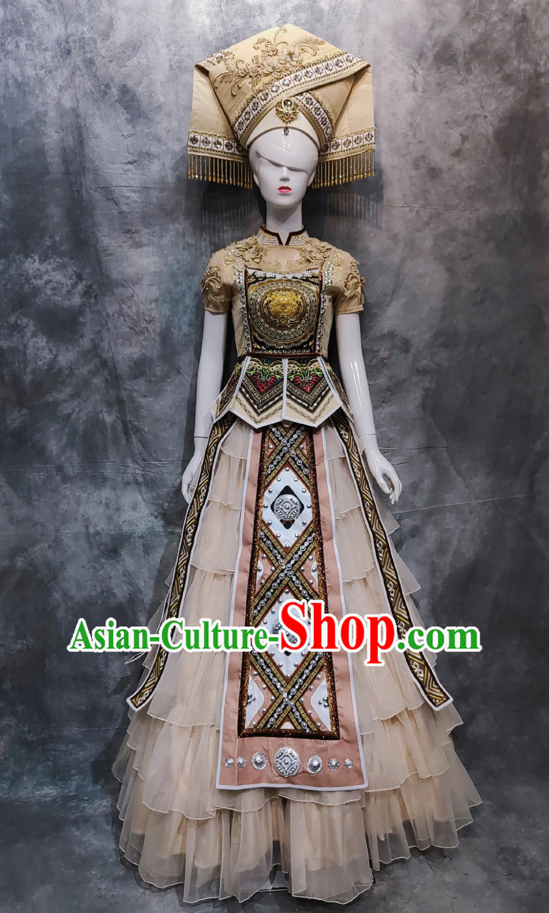 China Zhuang Ethnic Woman Clothing Guangxi National Minority Stage Performance Dress Chinese March 3rd Festival Folk Dance Costume