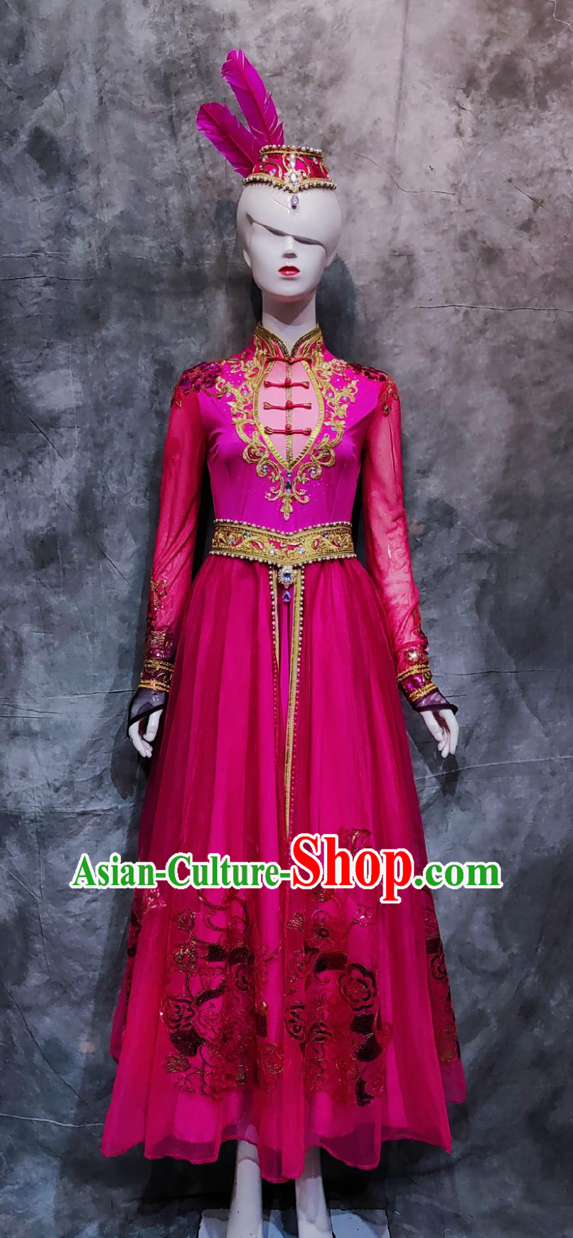 China Uyghur National Minority Woman Rosy Dress Traditional Xinjiang Performance Costume Chinese Uighur Ethnic Festival Dance Clothing