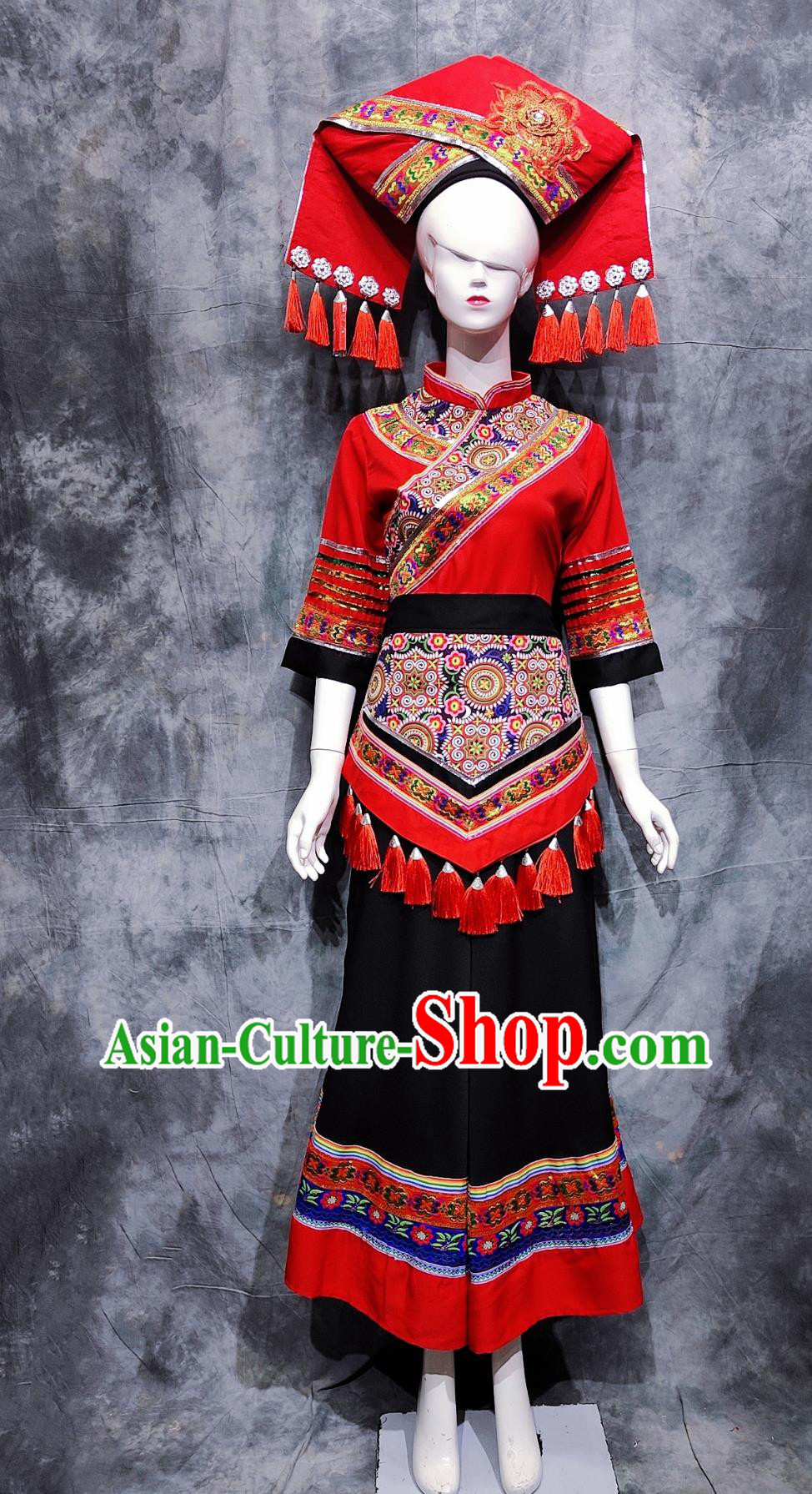 Chinese Ethnic Dance Costume China Zhuang National Minority Woman Clothing Traditional Guangxi March 3rd Festival Performance Attire