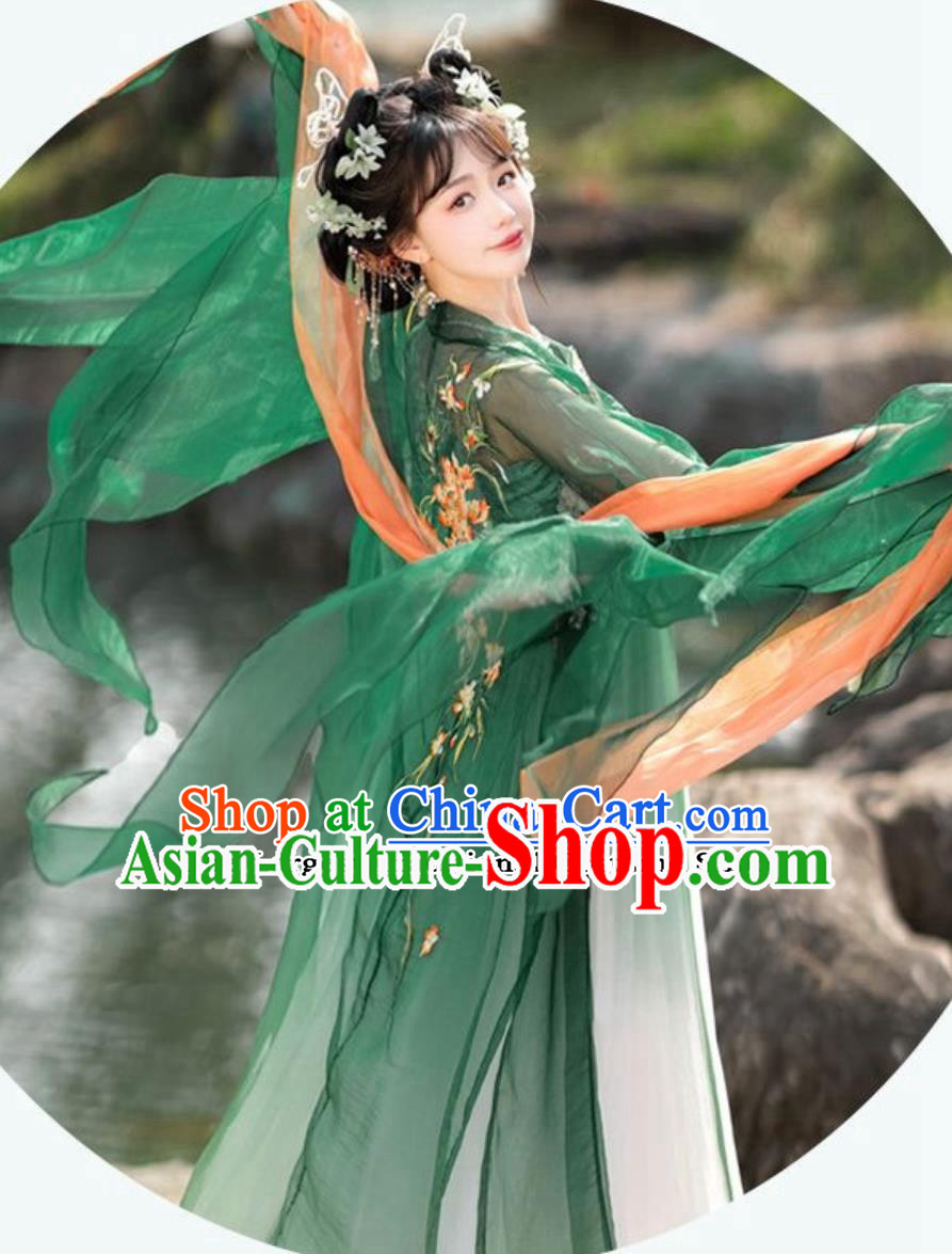 Chinese Tang Dynasty Royal Princess Green Dress Ancient China Fairy Costume Traditional Hanfu Clothing