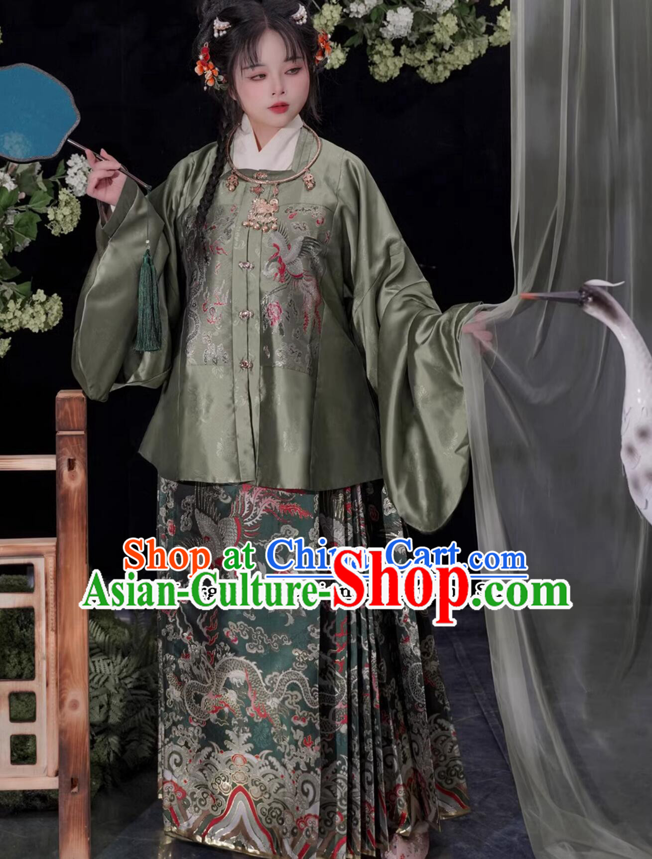 Chinese Traditional Hanfu Green Brocade Blouse and Black Skirt Ancient China Ming Dynasty Palace Princess Costumes Complete Set