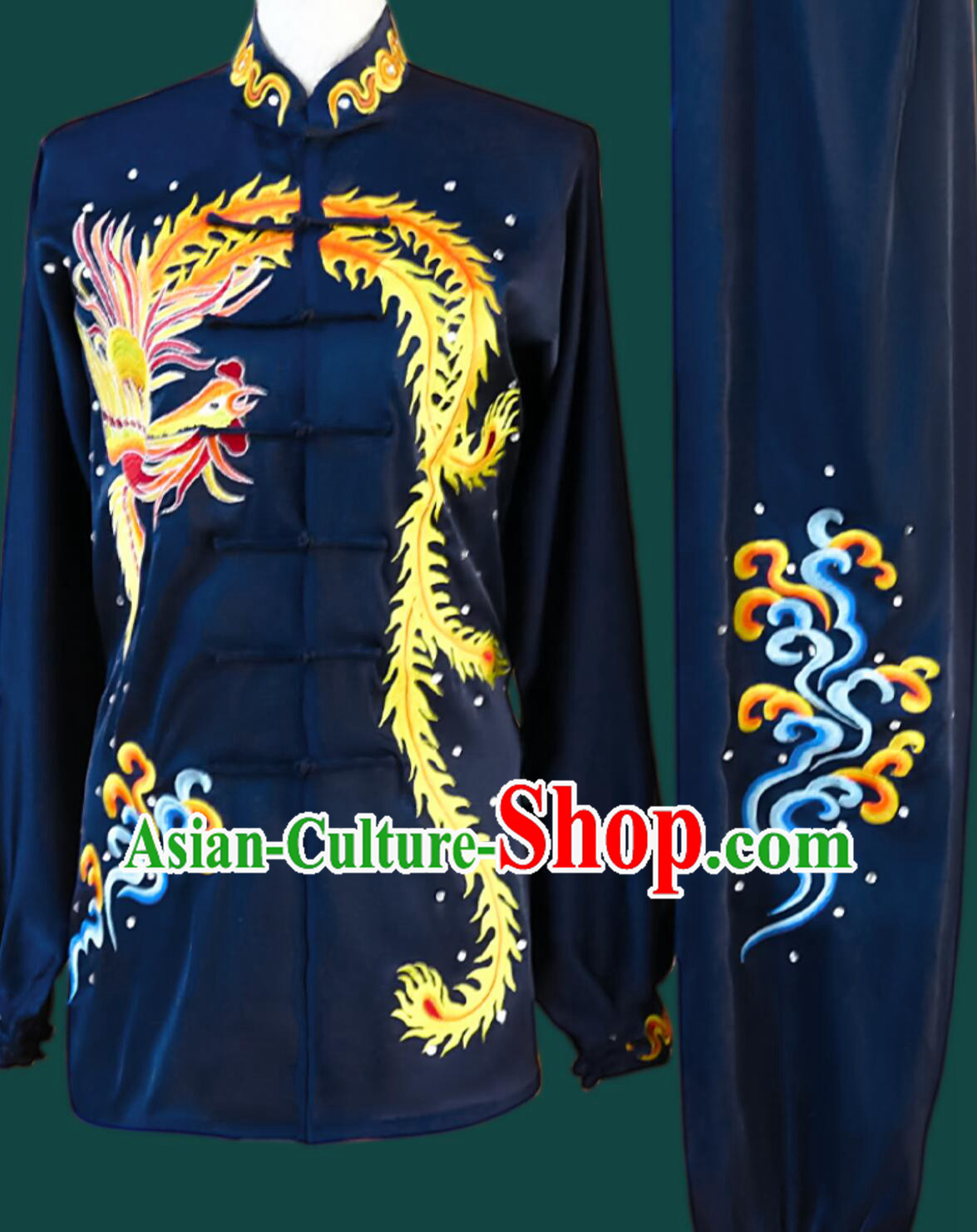 Top Pure Silk Wushu Uniform Dark Blue Embroidered Phoenix Tai Chi Suit Chinese Kung Fu Taiji Costume