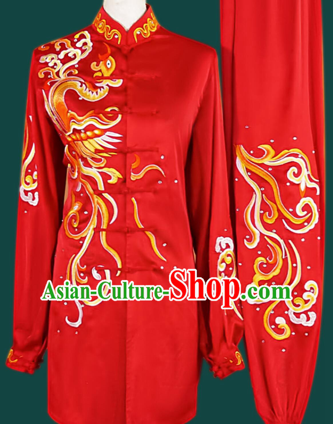 Chinese Kung Fu Taiji Costume Top Pure Silk Wushu Uniform Red Embroidered Phoenix Tai Chi Suit