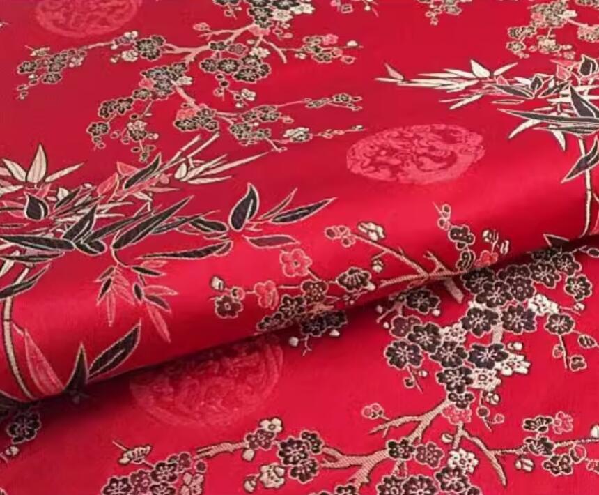 Chinese Hanfu Red Brocade Tang Suit Cheongsam Material Traditional Plum Bamboo Pattern Design Fabric