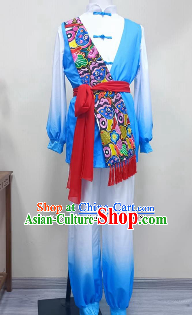 Chinese Folk Dance Costume Male Group Performance Blue Outfit China Yangko Dance Clothing