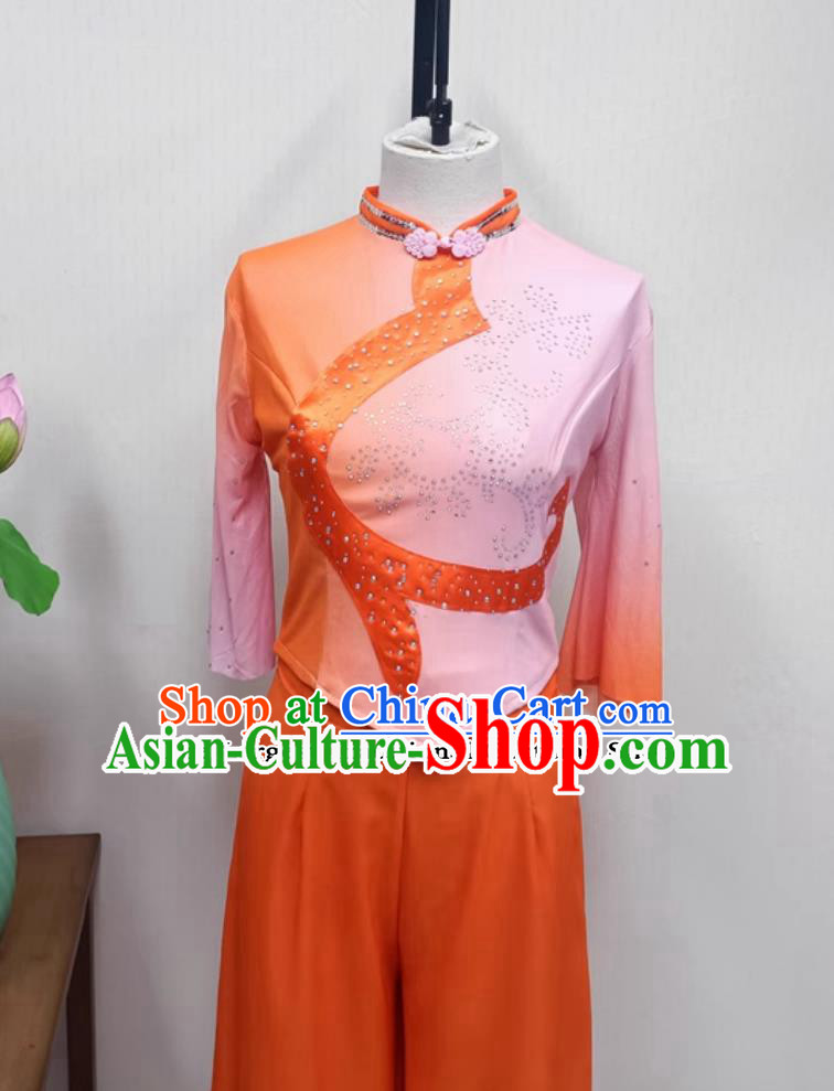 Chinese Folk Dance Costume Women Group Performance Orange Outfit China Yangko Dance Clothing