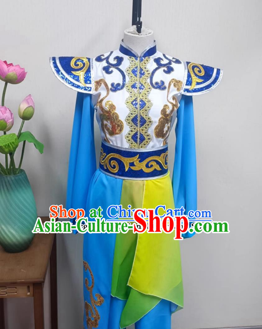 Women Dragon Performance Blue Outfit China Folk Dance Clothing Chinese Yangko Dance Drum Show Costume