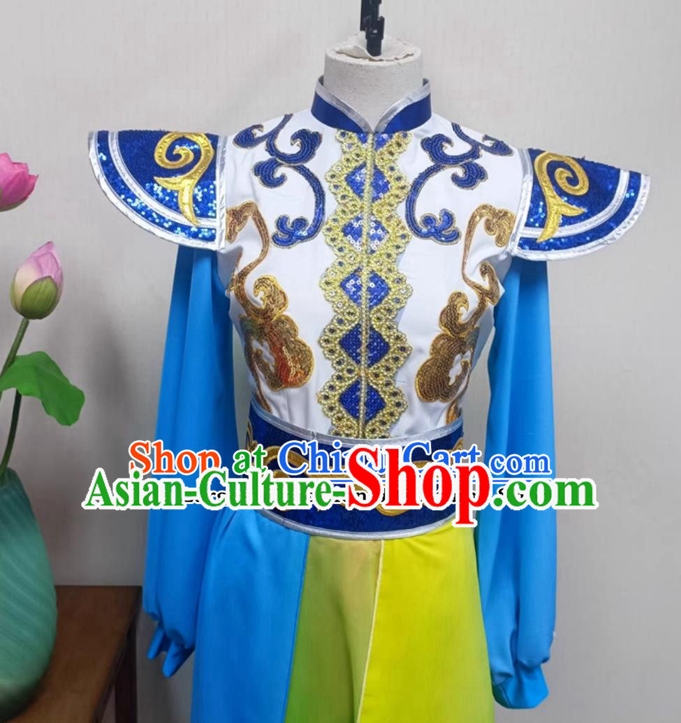 Women Dragon Performance Blue Outfit China Folk Dance Clothing Chinese Yangko Dance Drum Show Costume