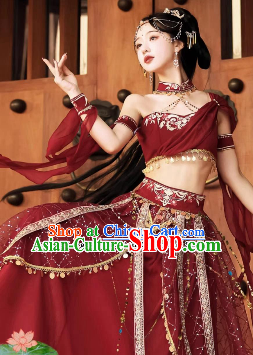 China Dunhuang Feitian Dance Costumes Chinese Flying Apsaras Hanfu Red Dress Complete Set