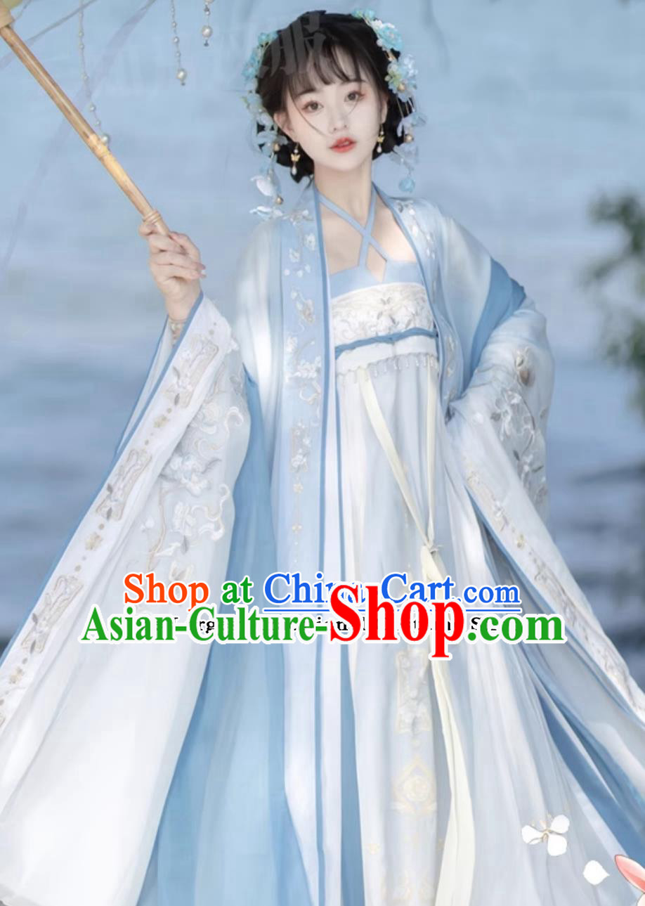 Ancient China Tang Dynasty Royal Princess Costumes Chinese Hanfu Fairy Blue Dress