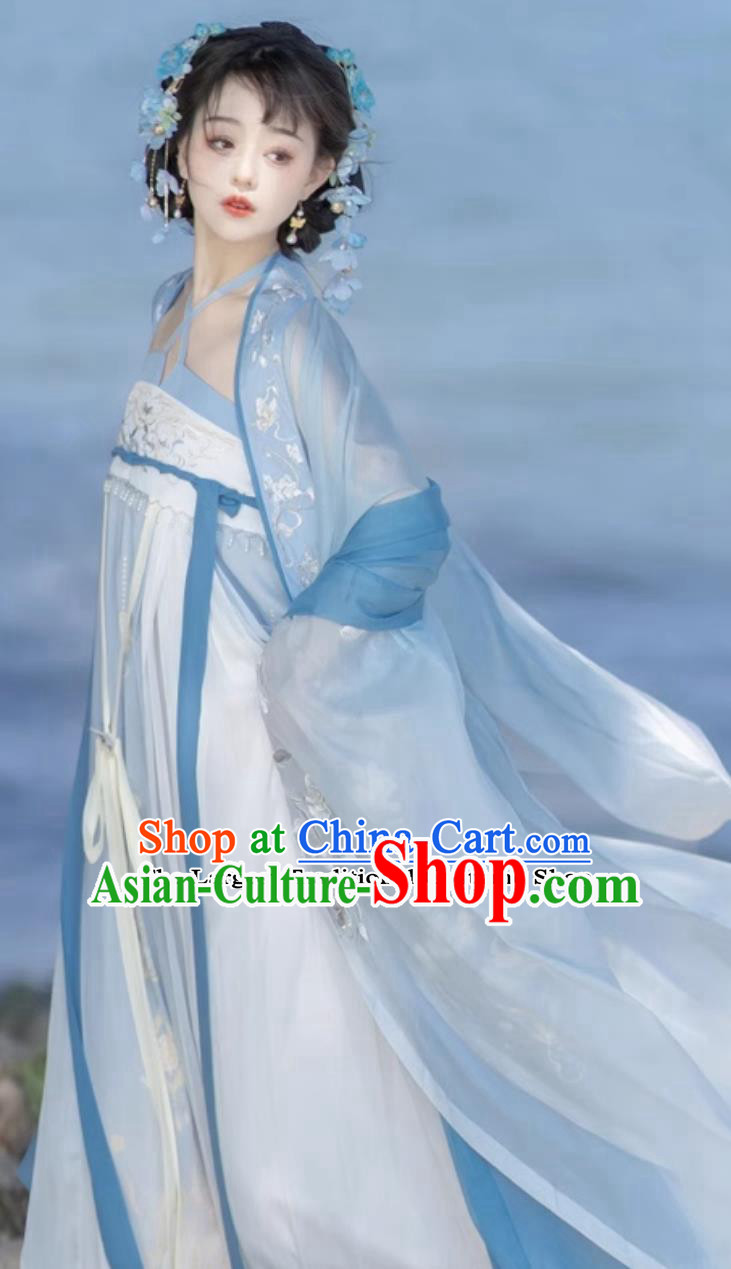 Ancient China Tang Dynasty Royal Princess Costumes Chinese Hanfu Fairy Blue Dress