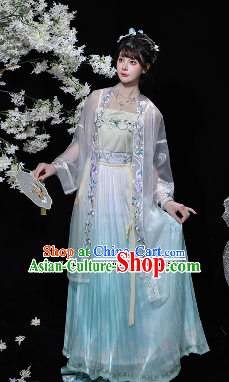 Chinese Song Dynasty Hanfu Ancient Young Lady Embroidered Blue Dress Traditional China Woman Clothing