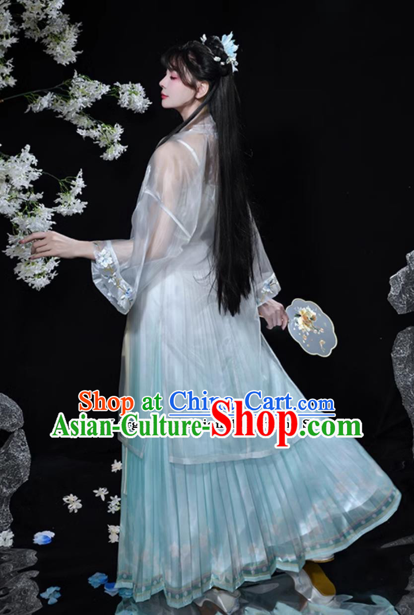 Chinese Song Dynasty Hanfu Ancient Young Lady Embroidered Blue Dress Traditional China Woman Clothing