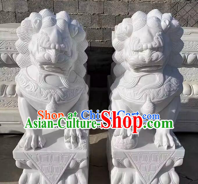 Chinese Stone Artworks Top Doorway Decoration Lions Set Carved White Marble Lions