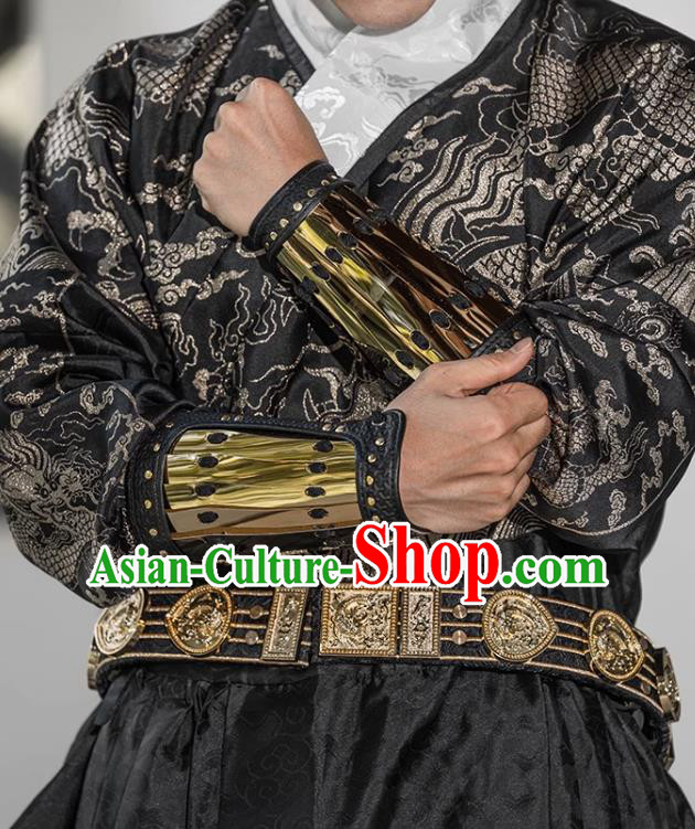 Ancient China Warrior Golden Wrist Bands Traditional Hanfu Accessories Chinese Ming Dynasty Stainless Steel Armguard