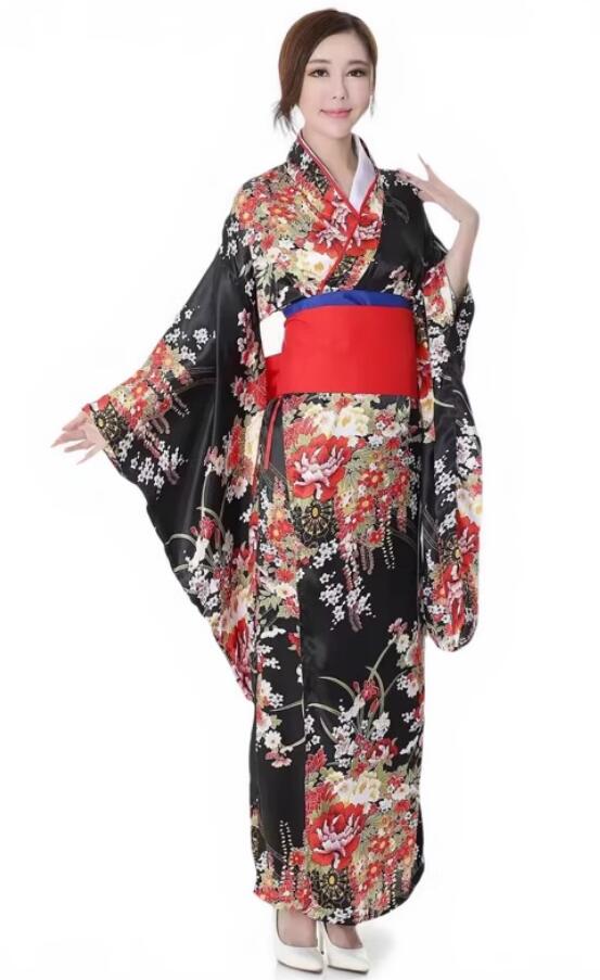 Furisode Kimono Japanese Traditional Black Gold Costume Geisha Dance Performance Yukata