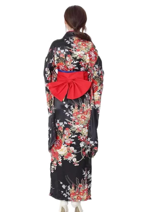 Furisode Kimono Japanese Traditional Black Gold Costume Geisha Dance Performance Yukata