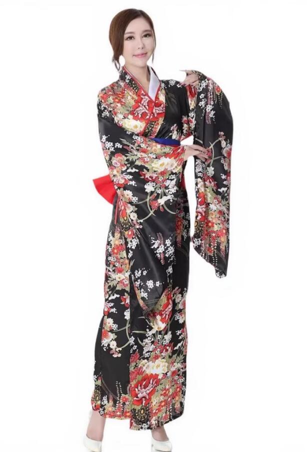 Furisode Kimono Japanese Traditional Black Gold Costume Geisha Dance Performance Yukata