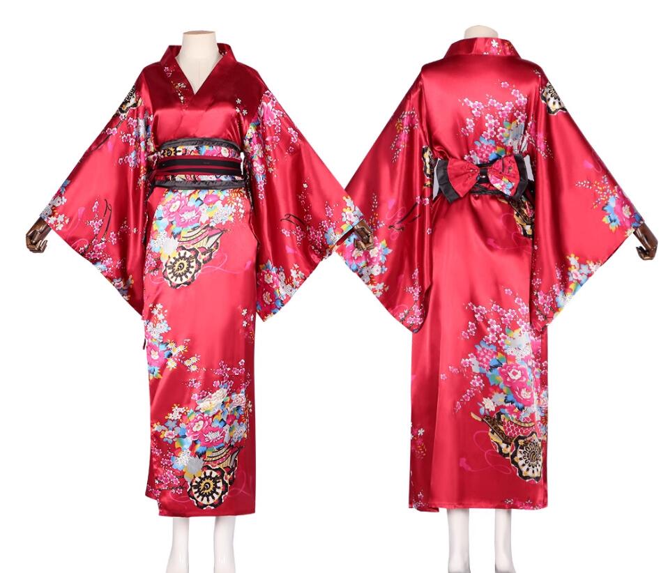 Geisha Dance Performance Red Yukata Furisode Kimono Japanese Traditional Costume