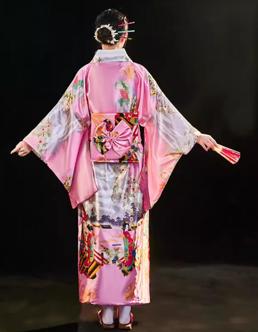 Pink Furisode Kimono Traditional Japanese Costume Geisha Dance Performance Yukata Dress