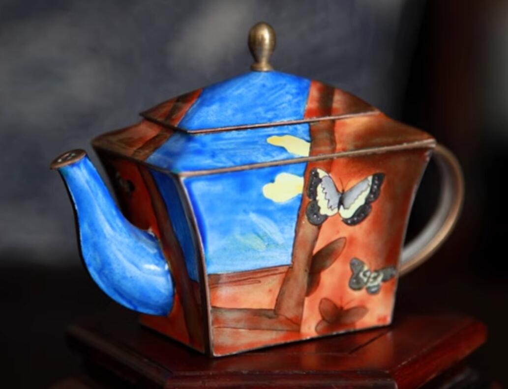 Chinese Hand Painted Enamel Craft Cloisonne Teapot Collection Dancing Butterflies
