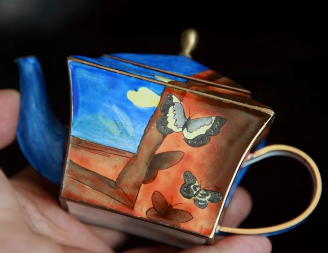 Chinese Hand Painted Enamel Craft Cloisonne Teapot Collection Dancing Butterflies
