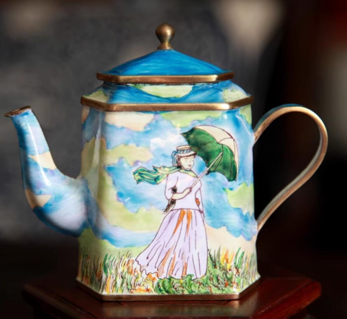 Chinese Hand Painted Enamel Craft Cloisonne Teapot Collection Beautiful Girl