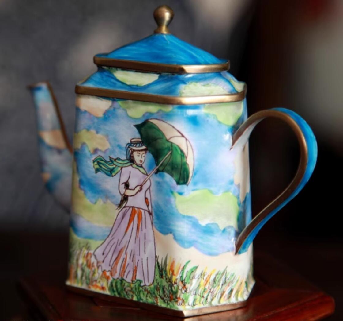 Chinese Hand Painted Enamel Craft Cloisonne Teapot Collection Beautiful Girl
