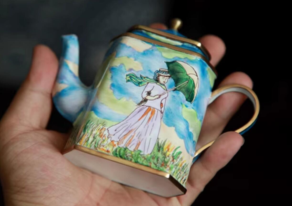 Chinese Hand Painted Enamel Craft Cloisonne Teapot Collection Beautiful Girl