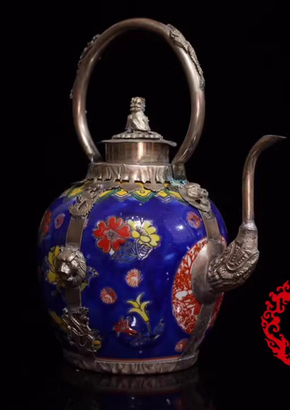 Chinese Traditional Enamel Craft Cloisonne Teapot Lion Head Dragon and Phoenix Bringing Prosperity