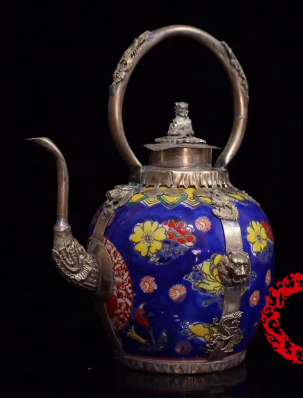 Chinese Traditional Enamel Craft Cloisonne Teapot Lion Head Dragon and Phoenix Bringing Prosperity