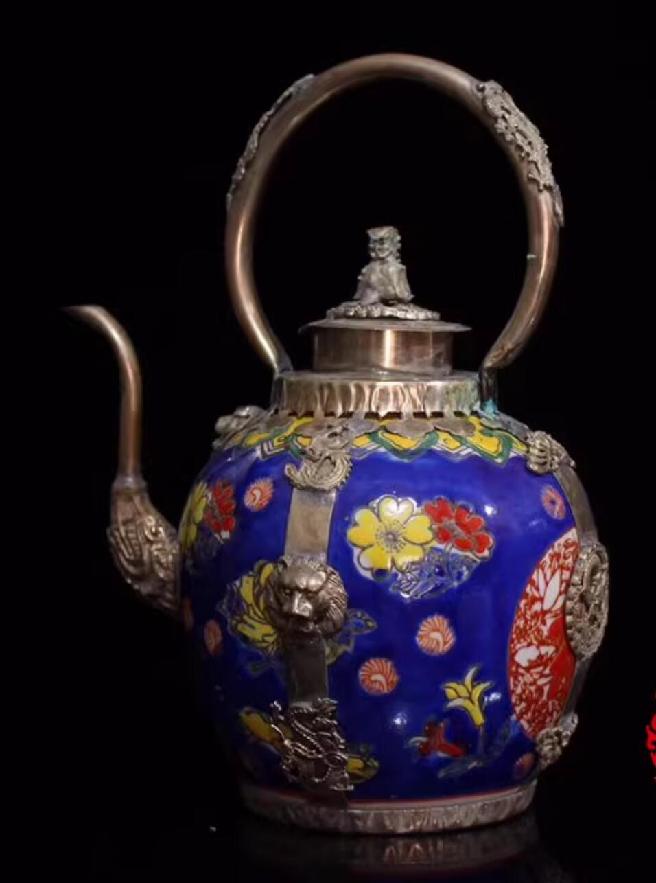 Chinese Traditional Enamel Craft Cloisonne Teapot Lion Head Dragon and Phoenix Bringing Prosperity
