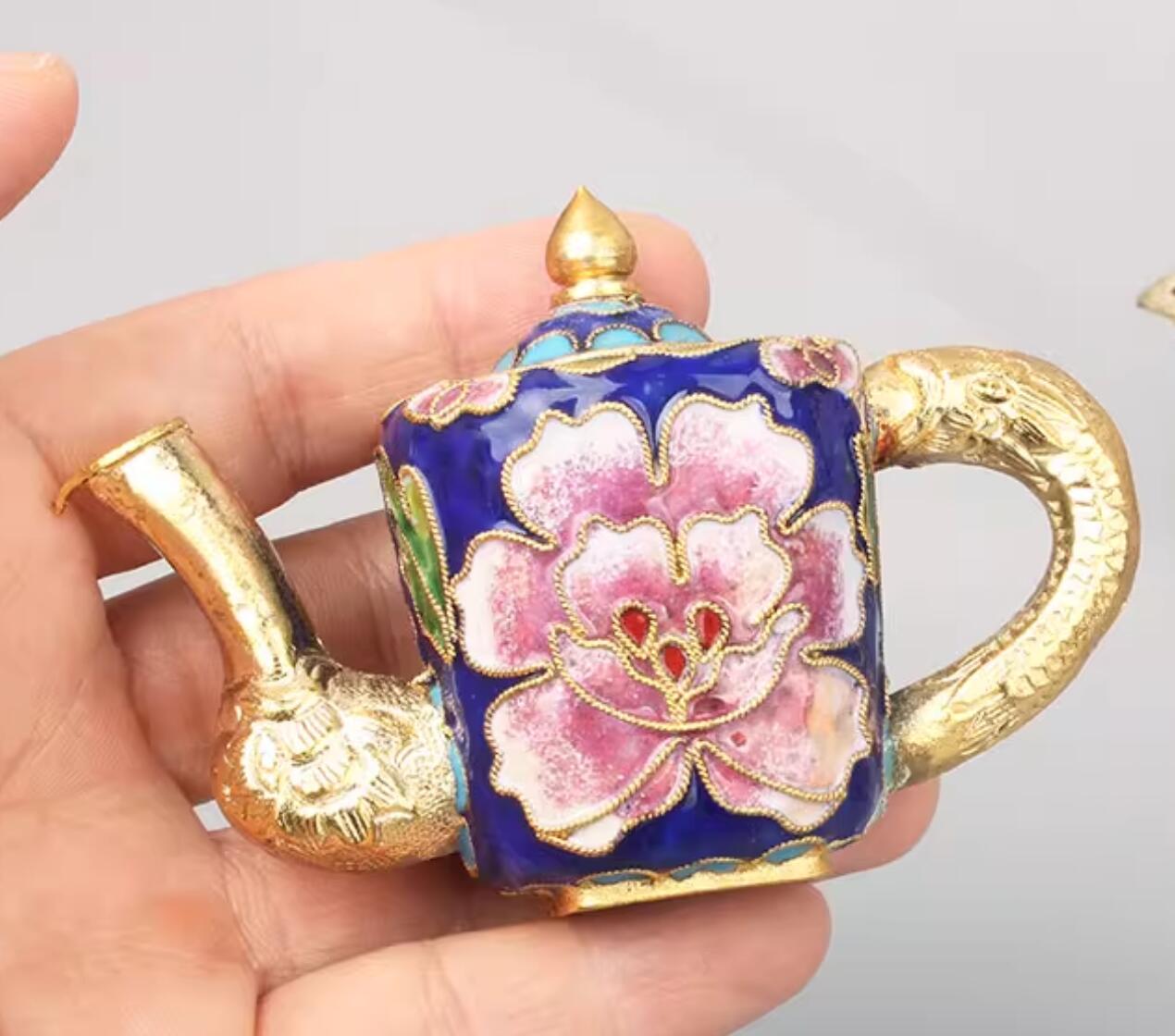 Royal BlueChinese Traditional Enamel Craft Cloisonne Mini Teapot Peony Flower