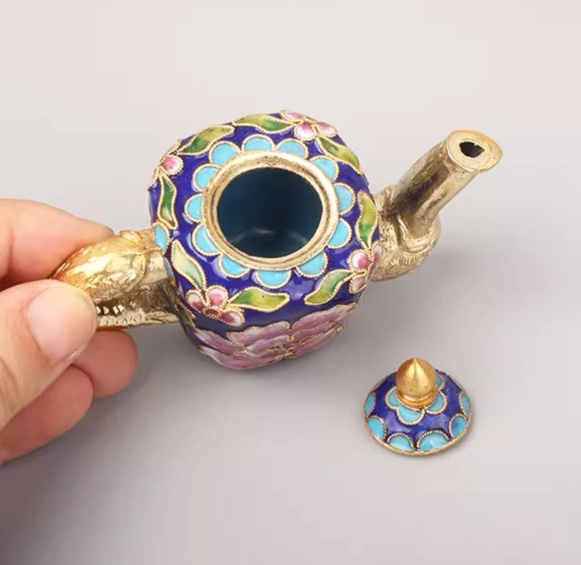 Royal BlueChinese Traditional Enamel Craft Cloisonne Mini Teapot Peony Flower