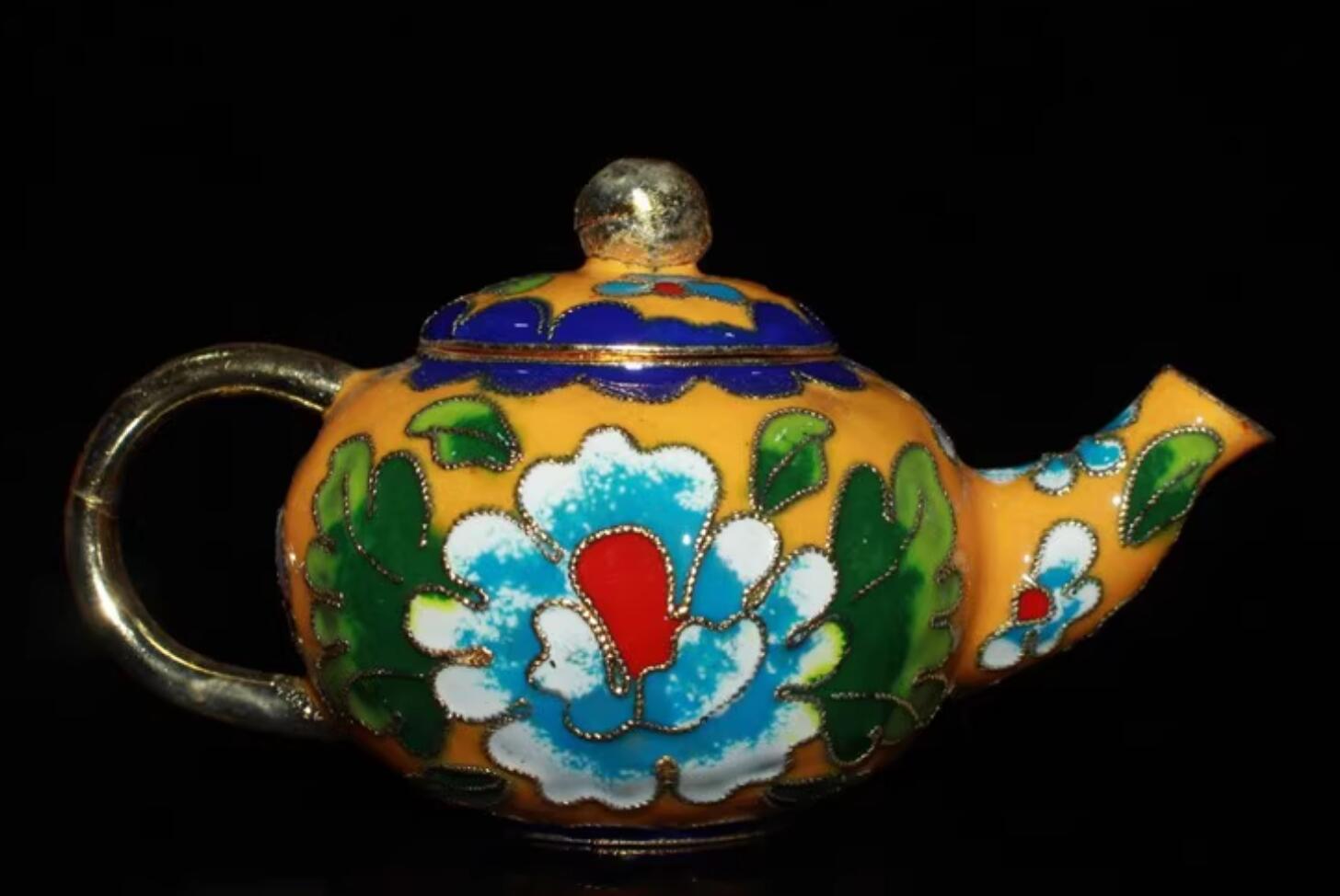 Chinese Traditional Enamel Craft Yellow Cloisonne Teapot Rich Peony