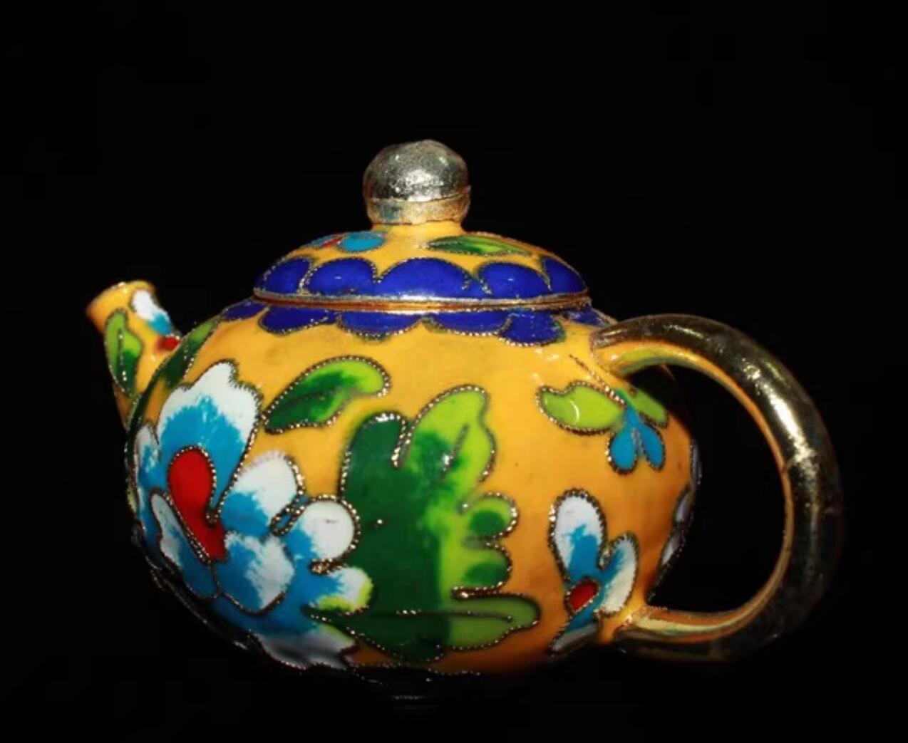 Chinese Traditional Enamel Craft Yellow Cloisonne Teapot Rich Peony